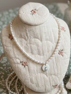 White Pearl Necklace with 'L' Initial Disc Charm